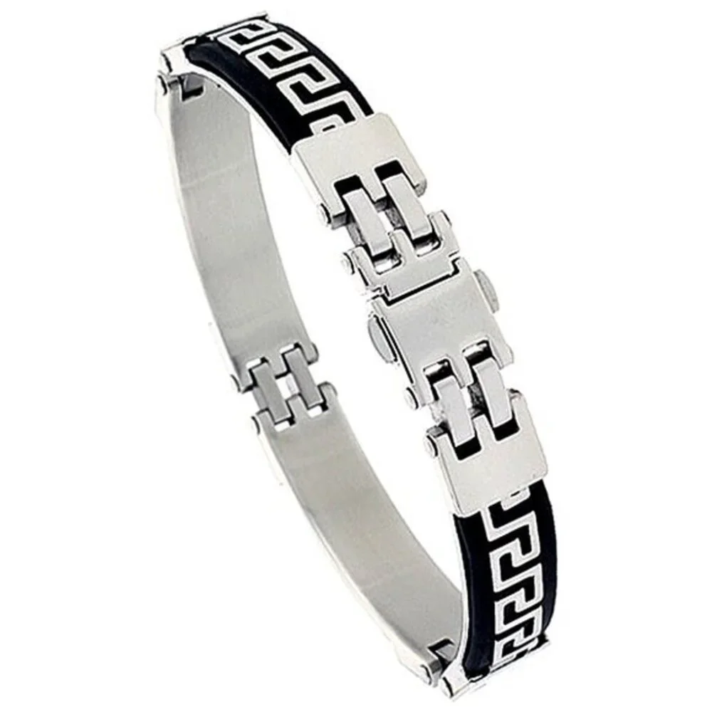 Stainless Steel Greek Key Bracelet For Men Black Rubber accent, 8 inch long